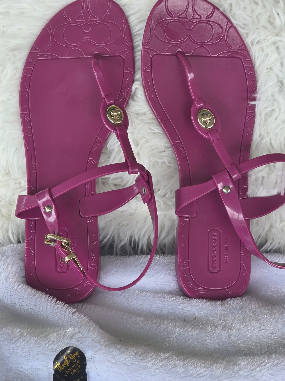 Coach Pink Jelly Thong Sandals with Gold Hardware
